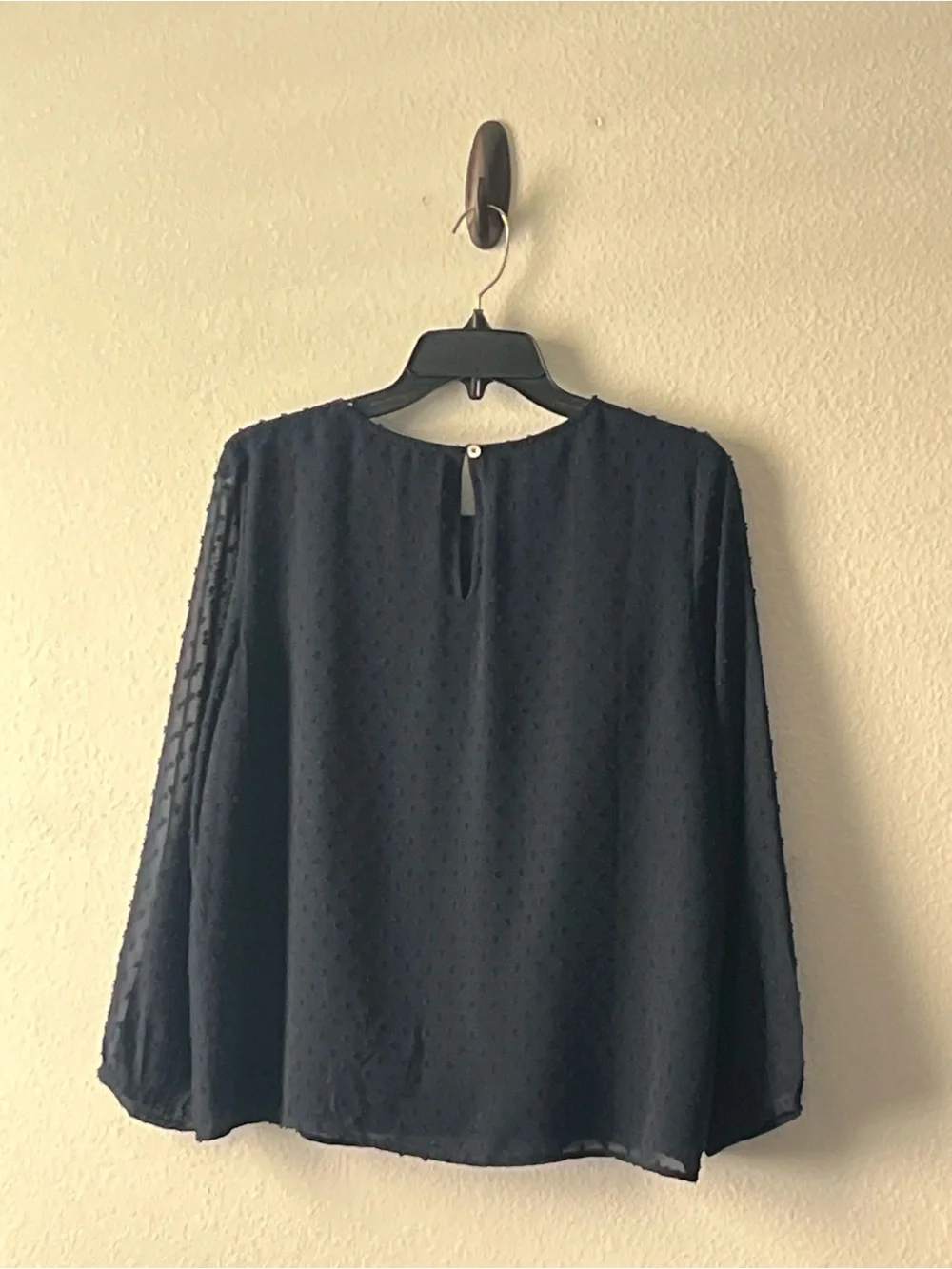 J. Crew Navy Swiss Dot Ruffle‎ Long-Sleeve Blouse, Size 8